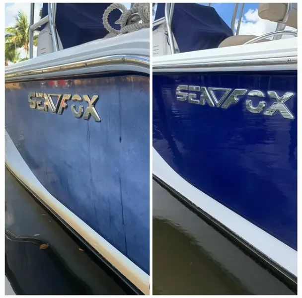 Corrección de gelcoat antes y después realizada por Colombia Boat Detailing